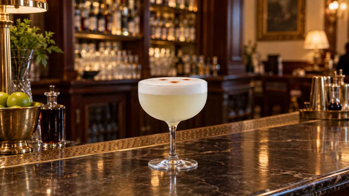 Pisco sour servido en la barra de un hotel histórico de Lima, Perú.